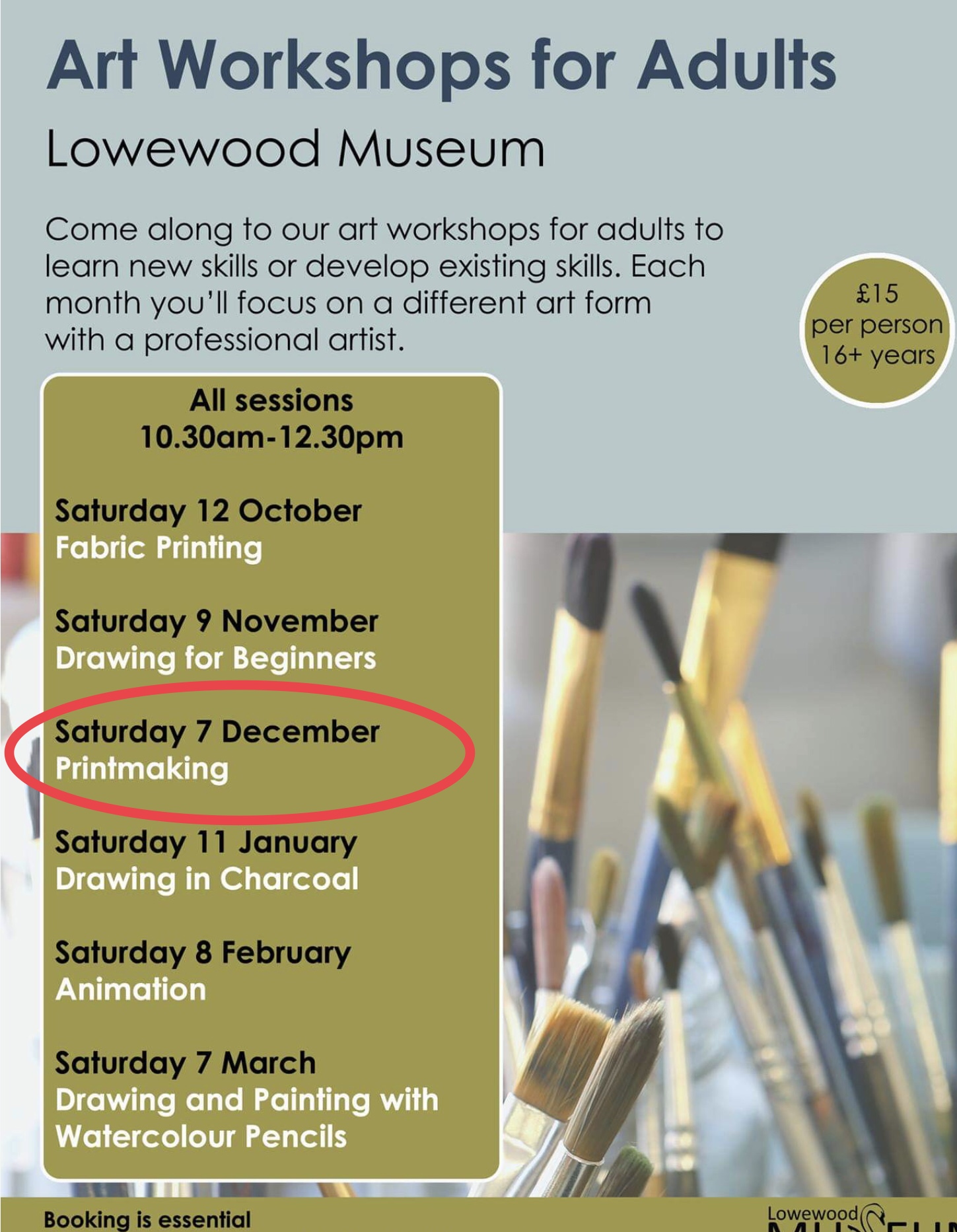 Printmaking advert for workshop lead by artist Gim at the Lowewood museum